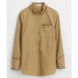 Alex Mill Ruffle Shirt XS Tan Button Front Cotton Minimalist Preppy Sustainable